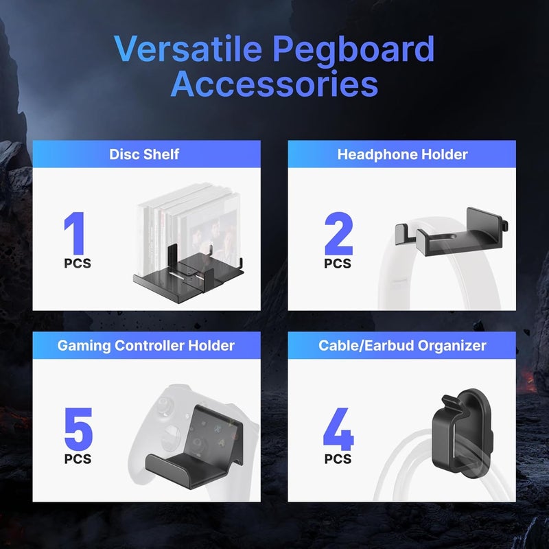 PEGZONE Controller and Headphone Holder Wall Mount, Modular Gaming Pegboard with Accessories, Controller Stand for Xbox PS5 PS4 Switch, Video Game Storage, Disc Shelf Organizer, 7pcs Pegboard, Black - Image 4